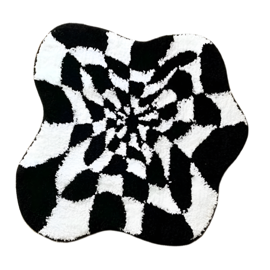 Trippy tufted rug with a swirling 3D portal illusion in dark tones.