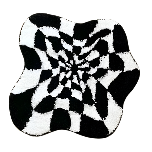 Trippy tufted rug with a swirling 3D portal illusion in dark tones.