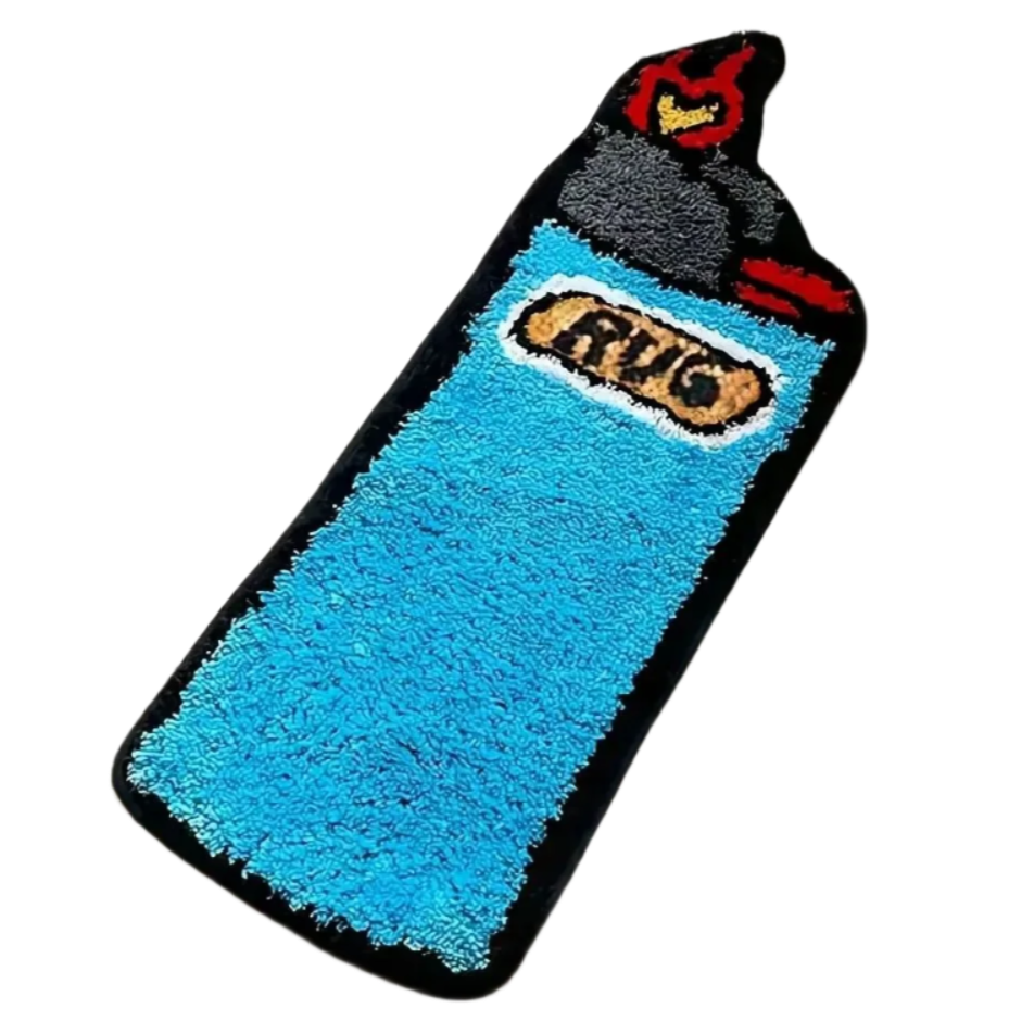 Bright blue Bic lighter-shaped tufted rug with classic silver and yellow top.
