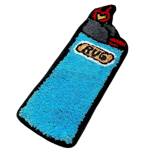 Bright blue Bic lighter-shaped tufted rug with classic silver and yellow top.