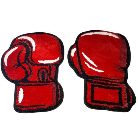 Tufted rug featuring a pair of red boxing gloves