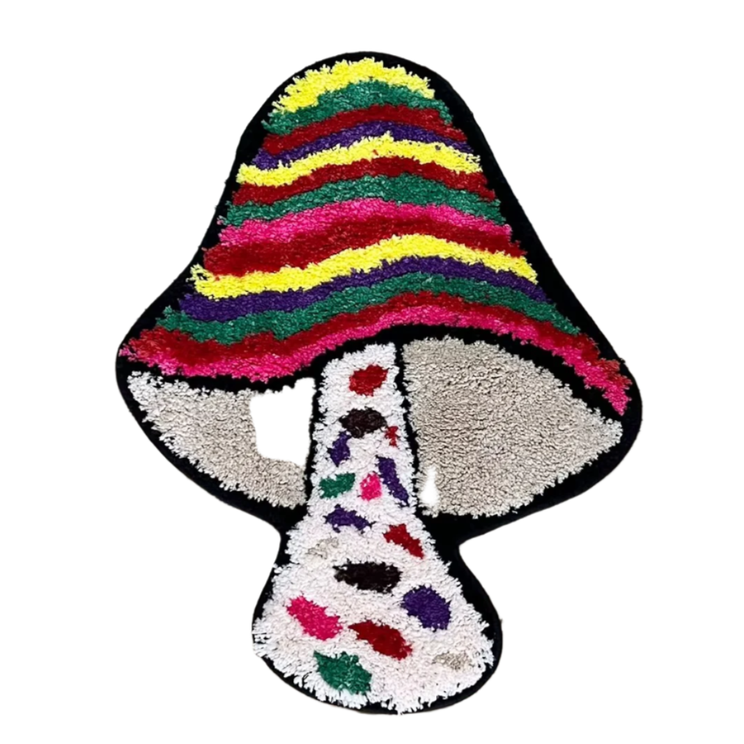 Bright tufted rug with a whimsical, colorful mushroom