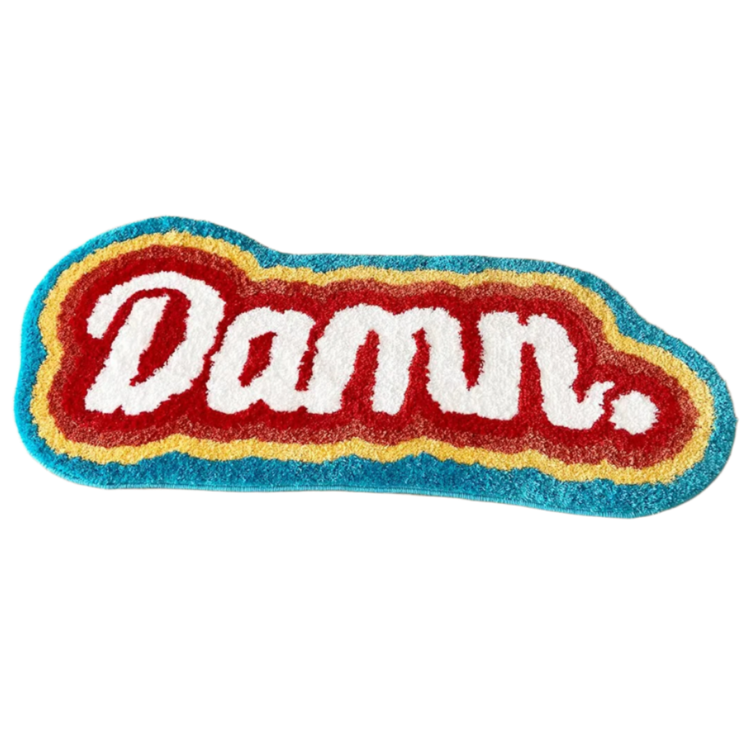 "Damn" text rug in white serif font with red, yellow, and blue outline.