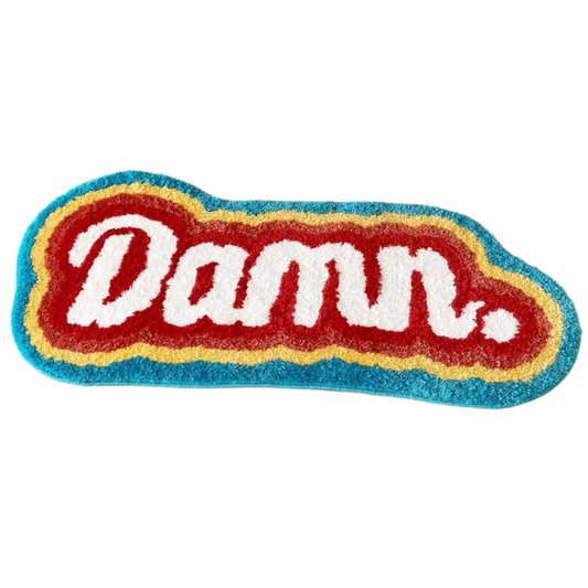 "Damn" text rug in white serif font with red, yellow, and blue outline.