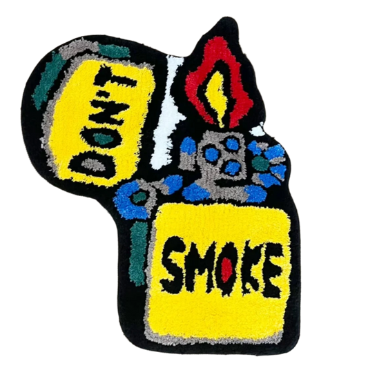 Yellow Zippo lighter-shaped rug with "Don't Smoke" text in bold.