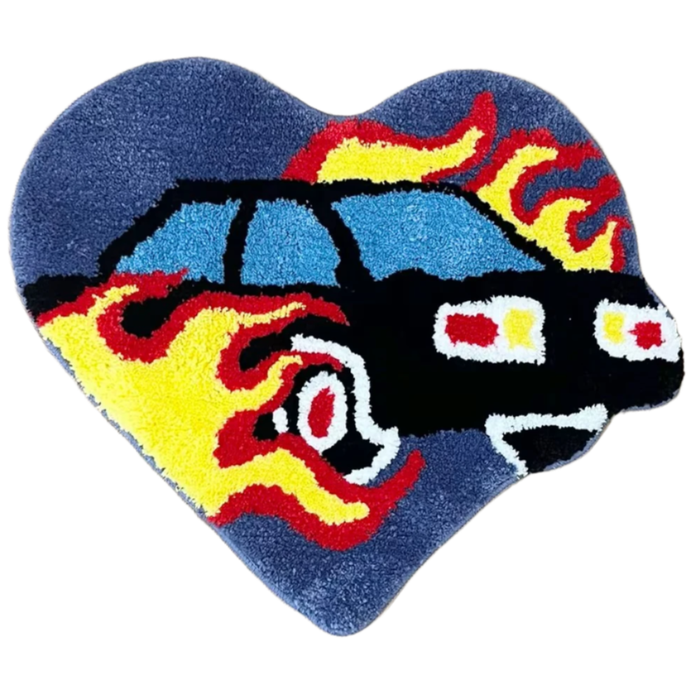 Cartoon heart-shaped car on fire with vibrant flame details.