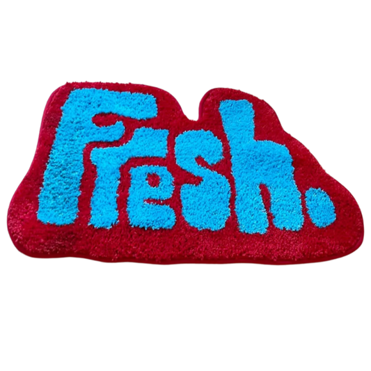 "Fresh" text rug in blue font with a thick red border around the edge.