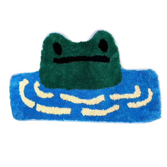 Frog head peeking out from water on a tufted handmade rug.