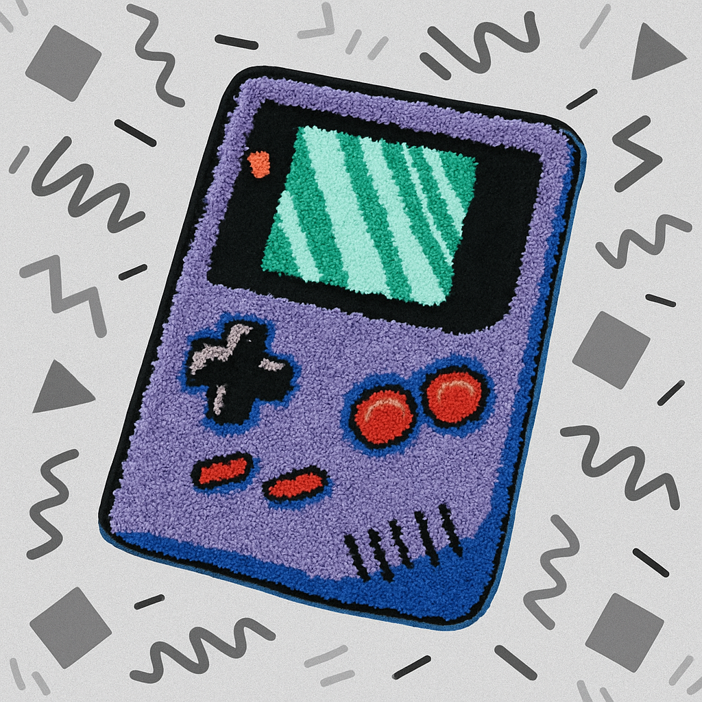 Purple Gameboy Color tufted rug displayed on a greyscale 90s-inspired background with retro vector elements