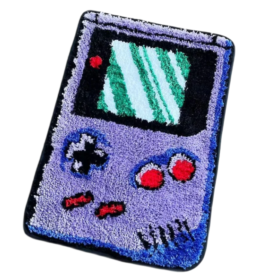 Purple Gameboy Color-shaped tufted rug with buttons and screen details.