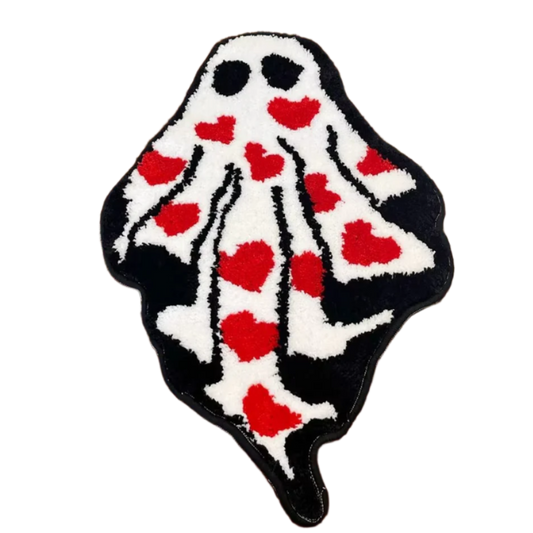Ghost illustration rug covered in small red hearts, soft and playful.