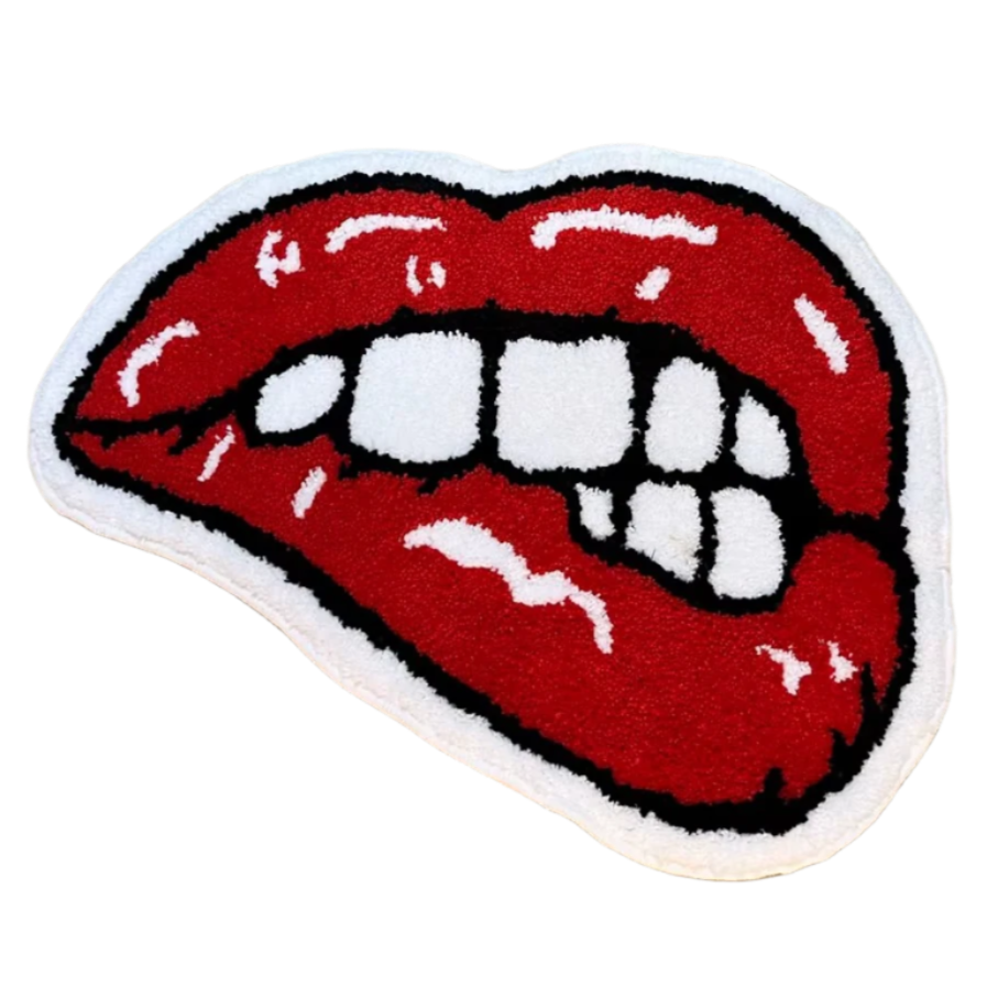 Glossy red lips biting the lower lip on a plush tufted rug.