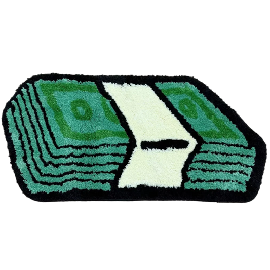 Plush tufted rug showing a thick stack of money in bold detail.