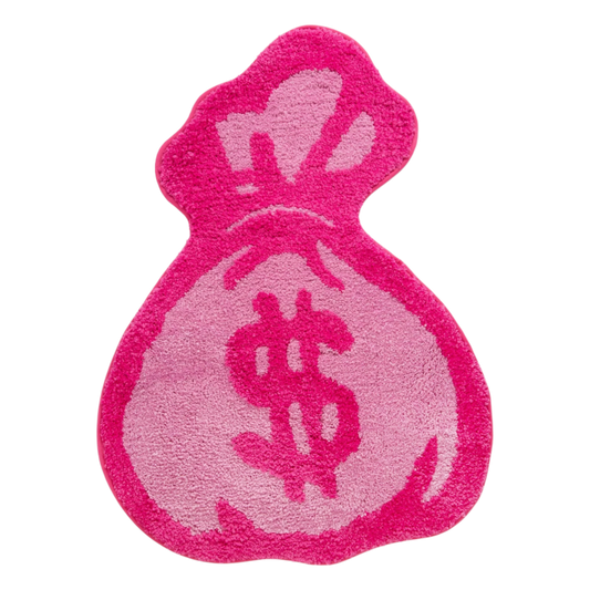 Pink money bag-shaped rug with bold dollar sign in the center.