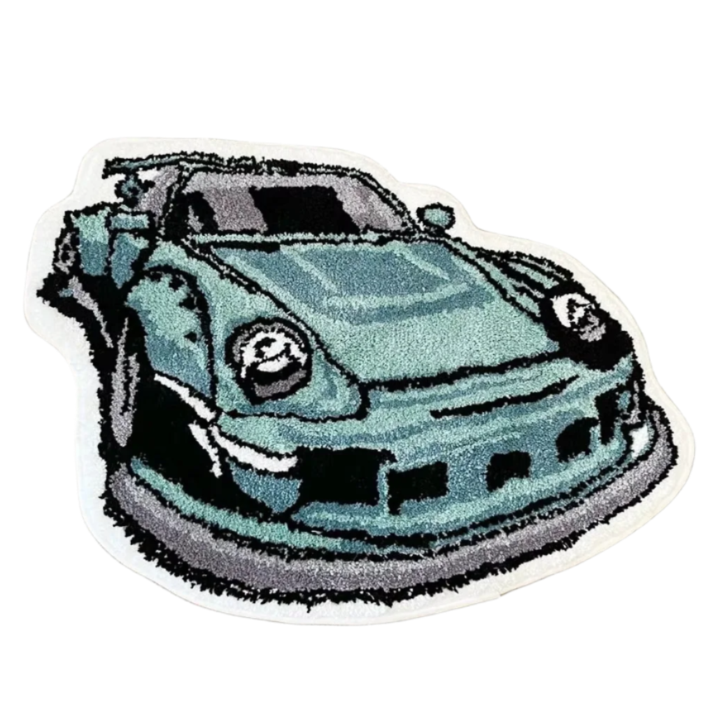 Handmade rug shaped like a classic Porsche car.