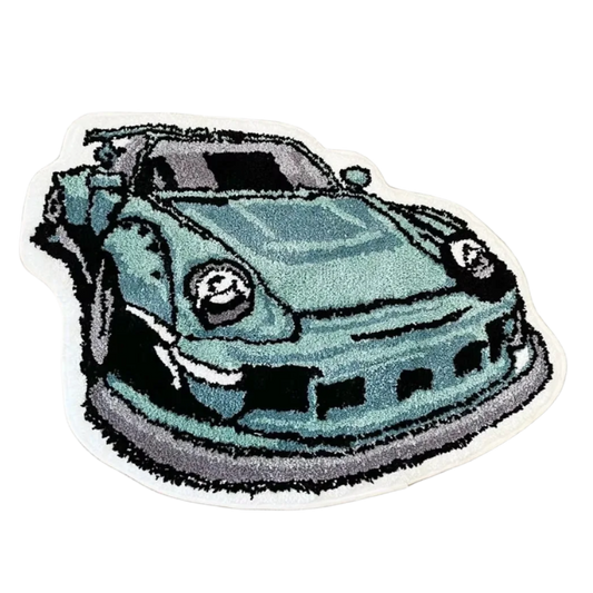 Handmade rug shaped like a classic Porsche car.