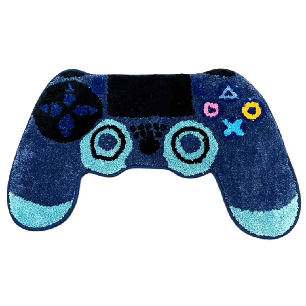 Handmade rug shaped like a blue PS4 DualShock controller.