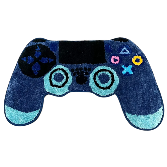 Handmade rug shaped like a blue PS4 DualShock controller.