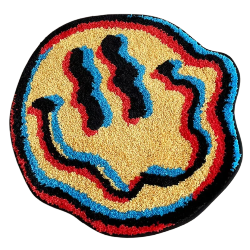 Classic yellow smiley face rug with distorted glitch effect and warped features.