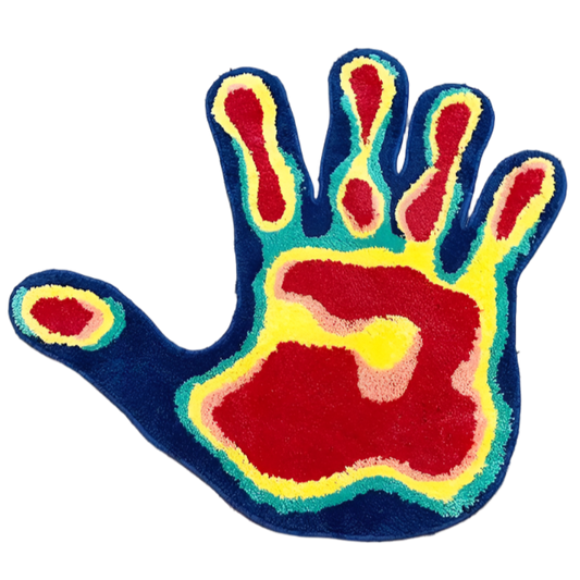 Thermal imaging styled rug showing colorful infrared handprint.