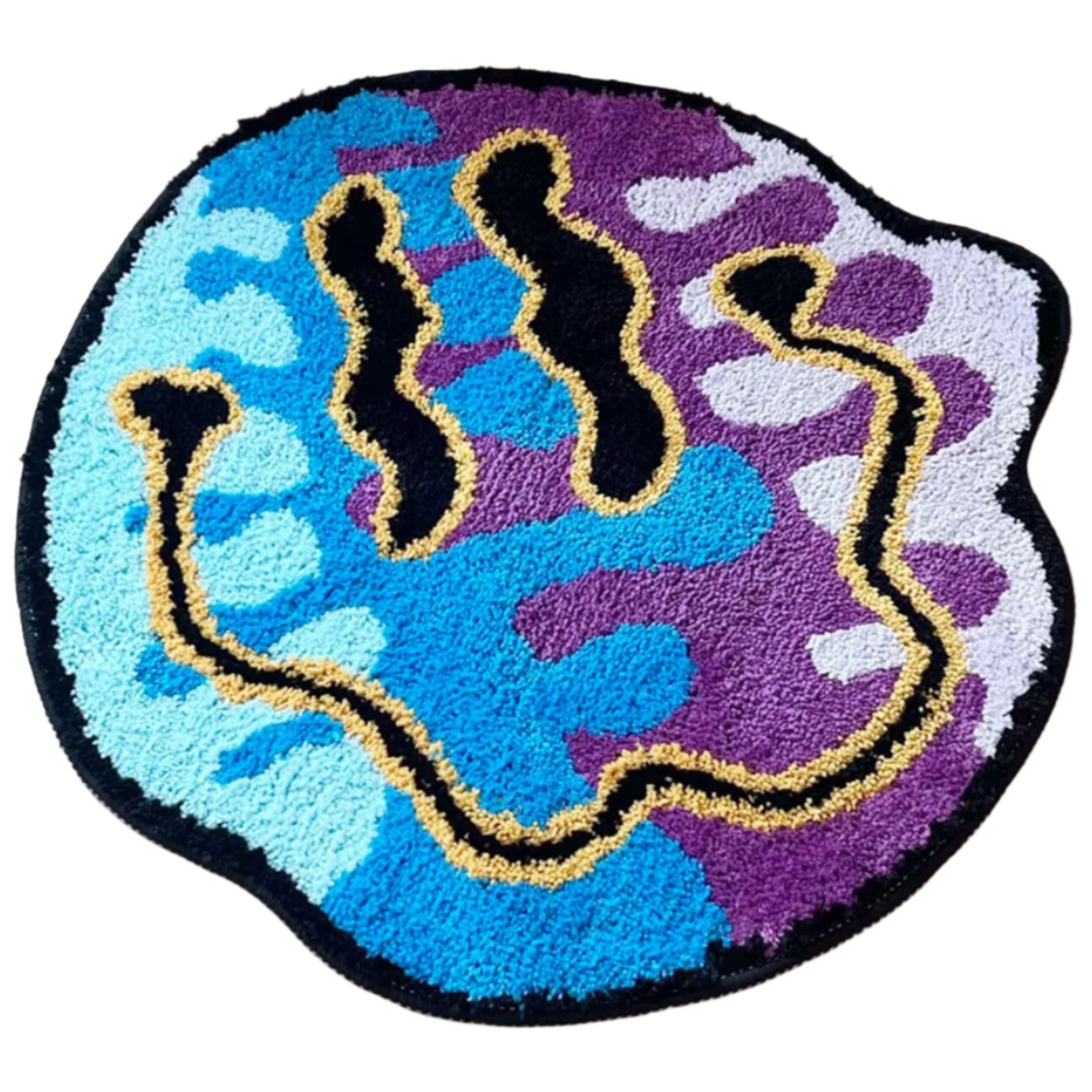 Wavy distorted smiley face tufted rug with blue and purple glitch colors.