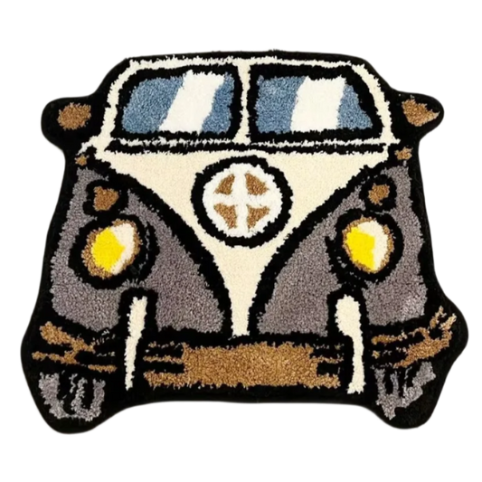 Beige and brown Volkswagen Samba Bus-shaped handmade tufted rug.