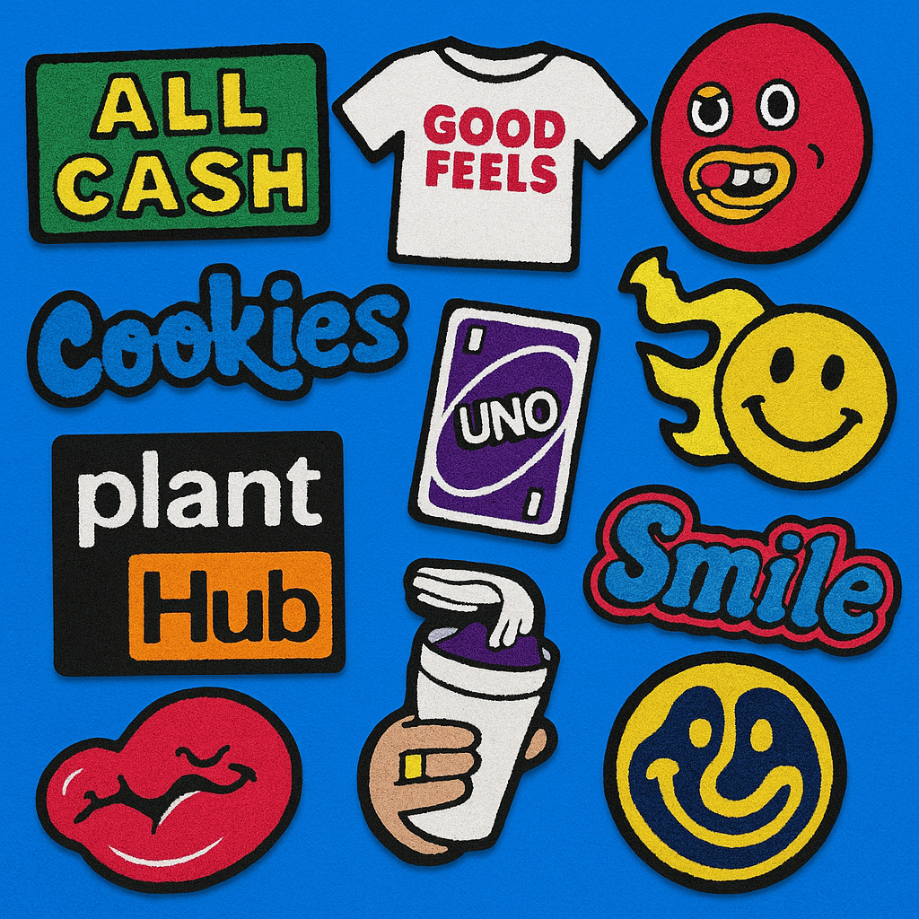 Pop culture tufted rugs with bold, playful designs like smiley faces, All Cash, and Cherry Bomb, styled in a colorful, modern room.