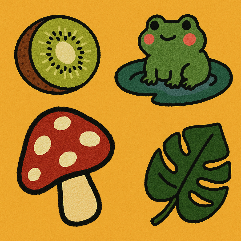Nature and cottagecore tufted rugs featuring frogs, mushrooms, and monstera leaves, displayed in a cozy, plant-filled space