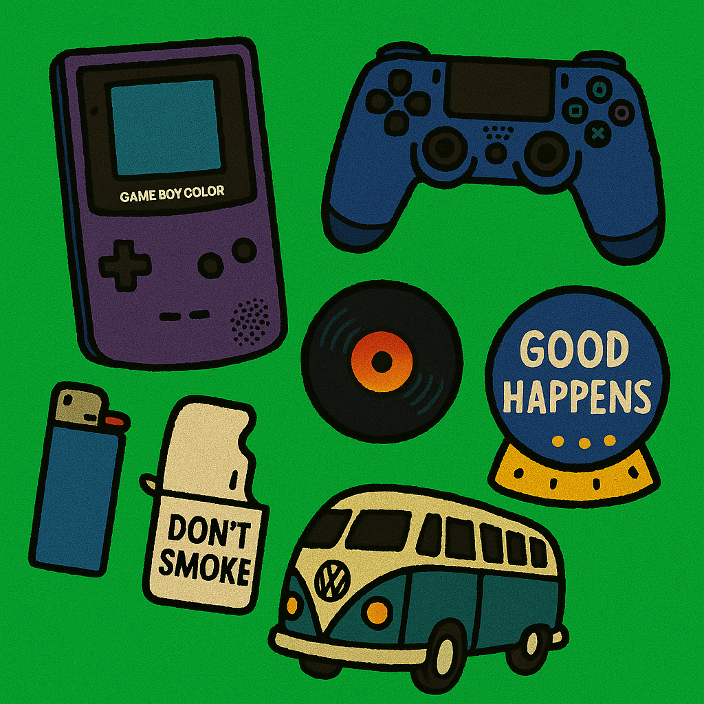 Retro and vintage tufted rugs featuring vinyl records, Gameboy Color, and Volkswagen vans, laid out in a nostalgic, Y2K-inspired room.