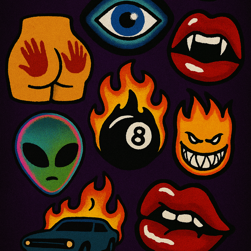 Gothic and edgy tufted rugs with punk-inspired designs like vampire lips, ACAB, and Spitfire flames, styled in a bold, alternative room.