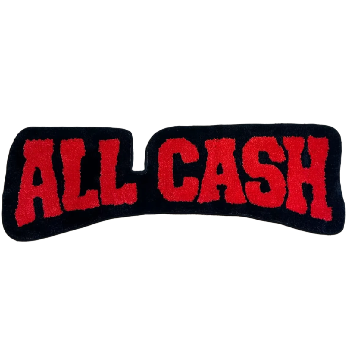 Tufted rug with "All Cash" text in bold letters, handmade plush texture.