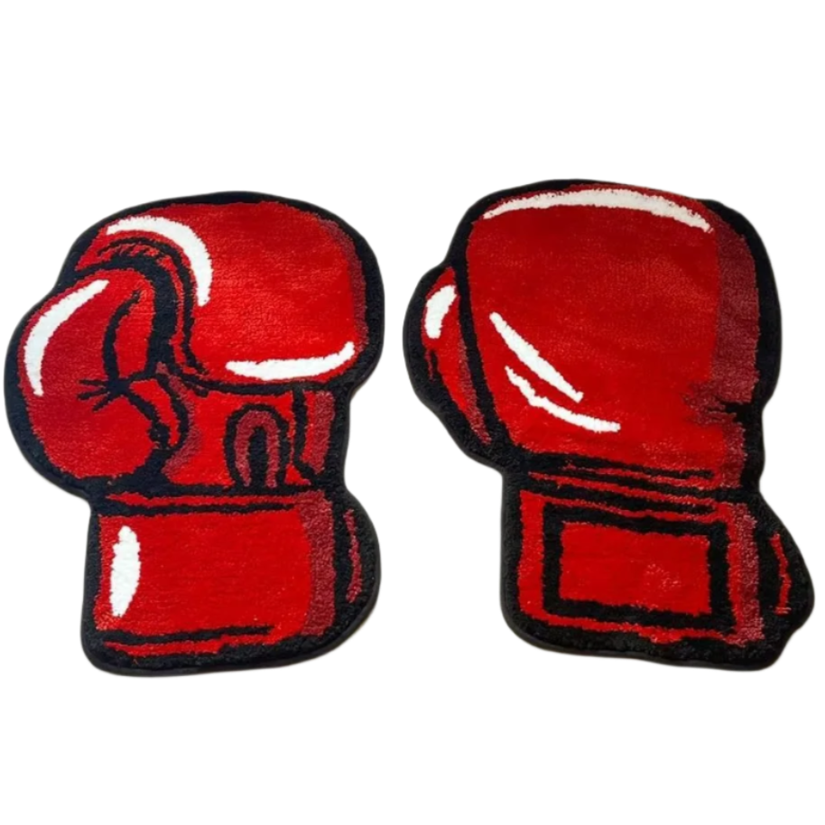 Tufted rug featuring a pair of red boxing gloves