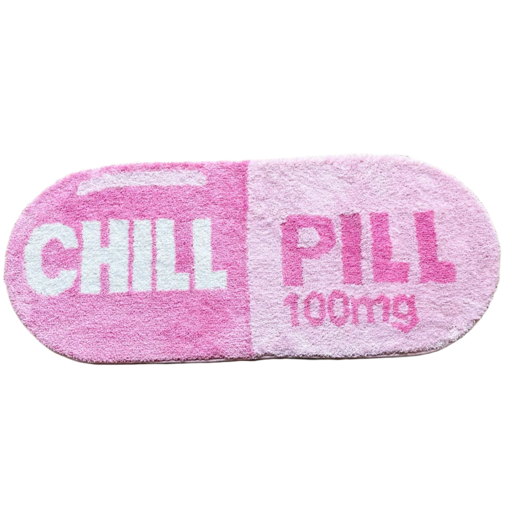 Handmade rug shaped like a pink and white capsule pill.
