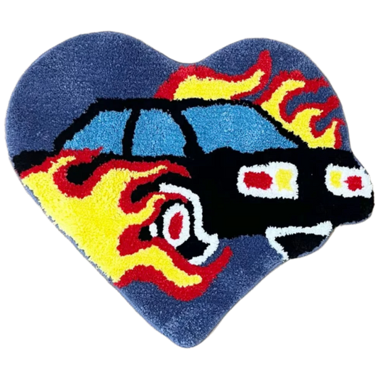 Cartoon heart-shaped car on fire with vibrant flame details.