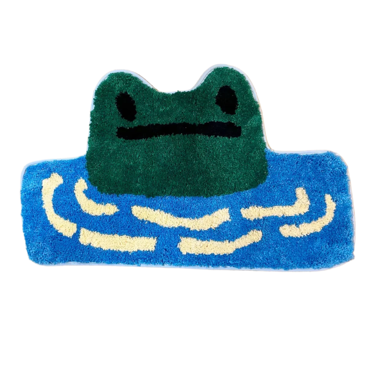 Frog head peeking out from water on a tufted handmade rug.
