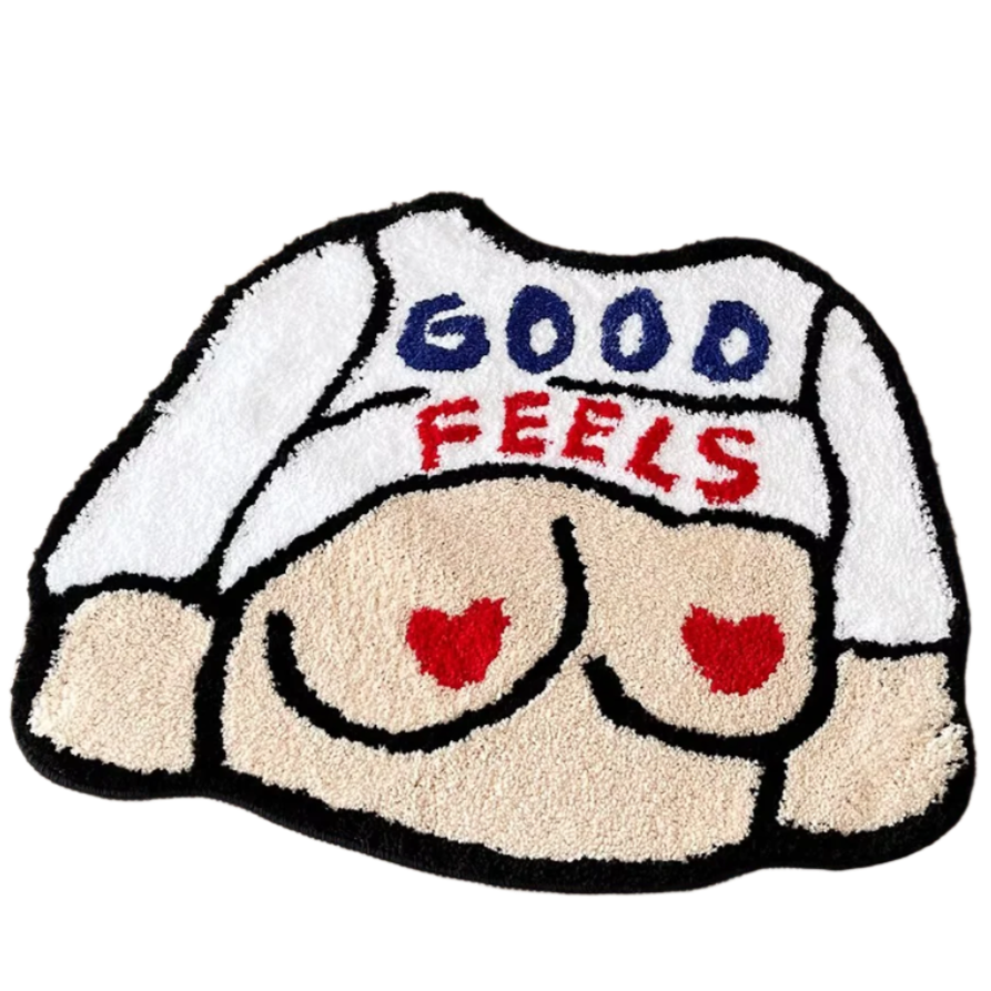 Tufted rug of a Cropped t-shirt with "Good Feels" text revealing heart pasties on torso.