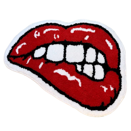 Glossy red lips biting the lower lip on a plush tufted rug.