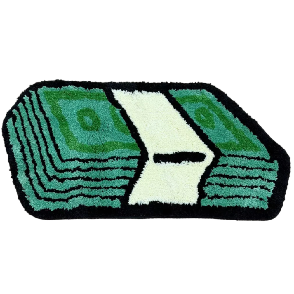 Plush tufted rug showing a thick stack of money in bold detail.