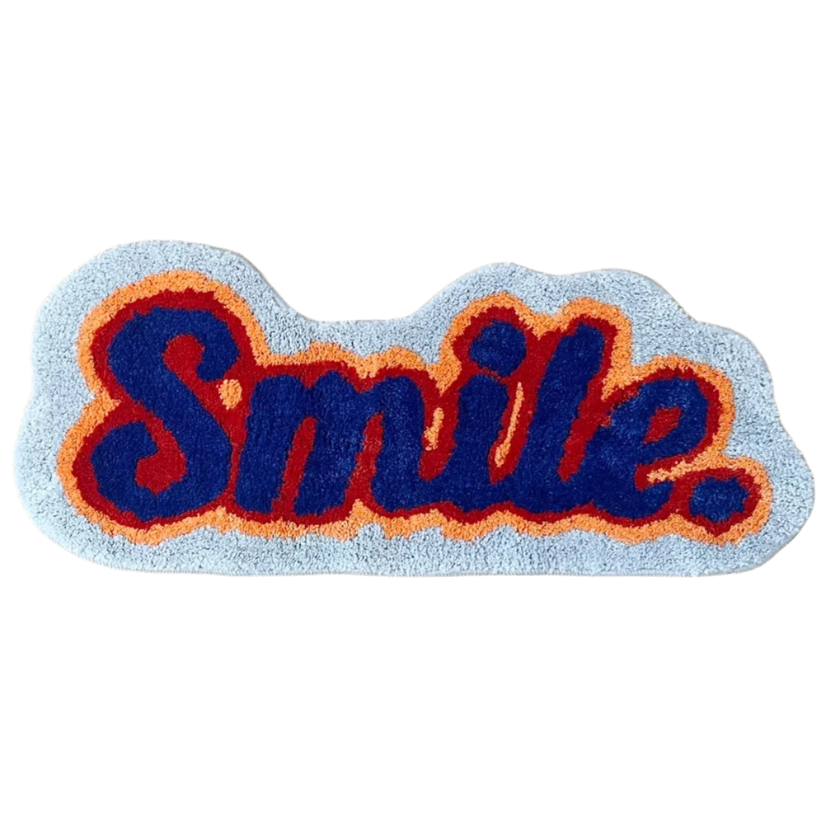 "Smile" text rug in navy font with yellow, red, and white border outline.